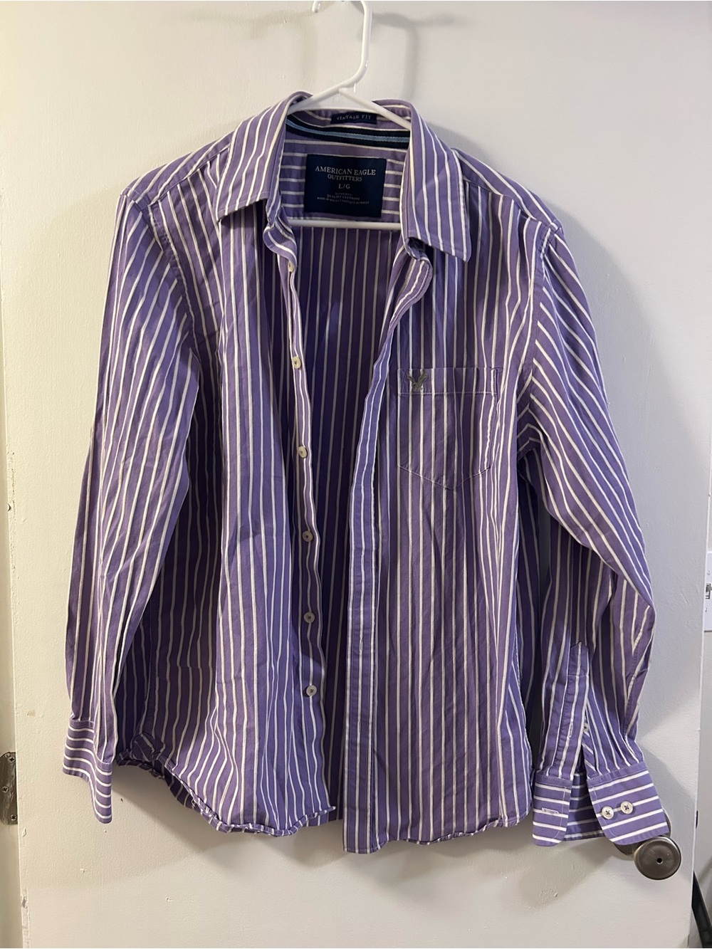 American Eagle Outfitters Purple & White Striped Dress Shirt Large